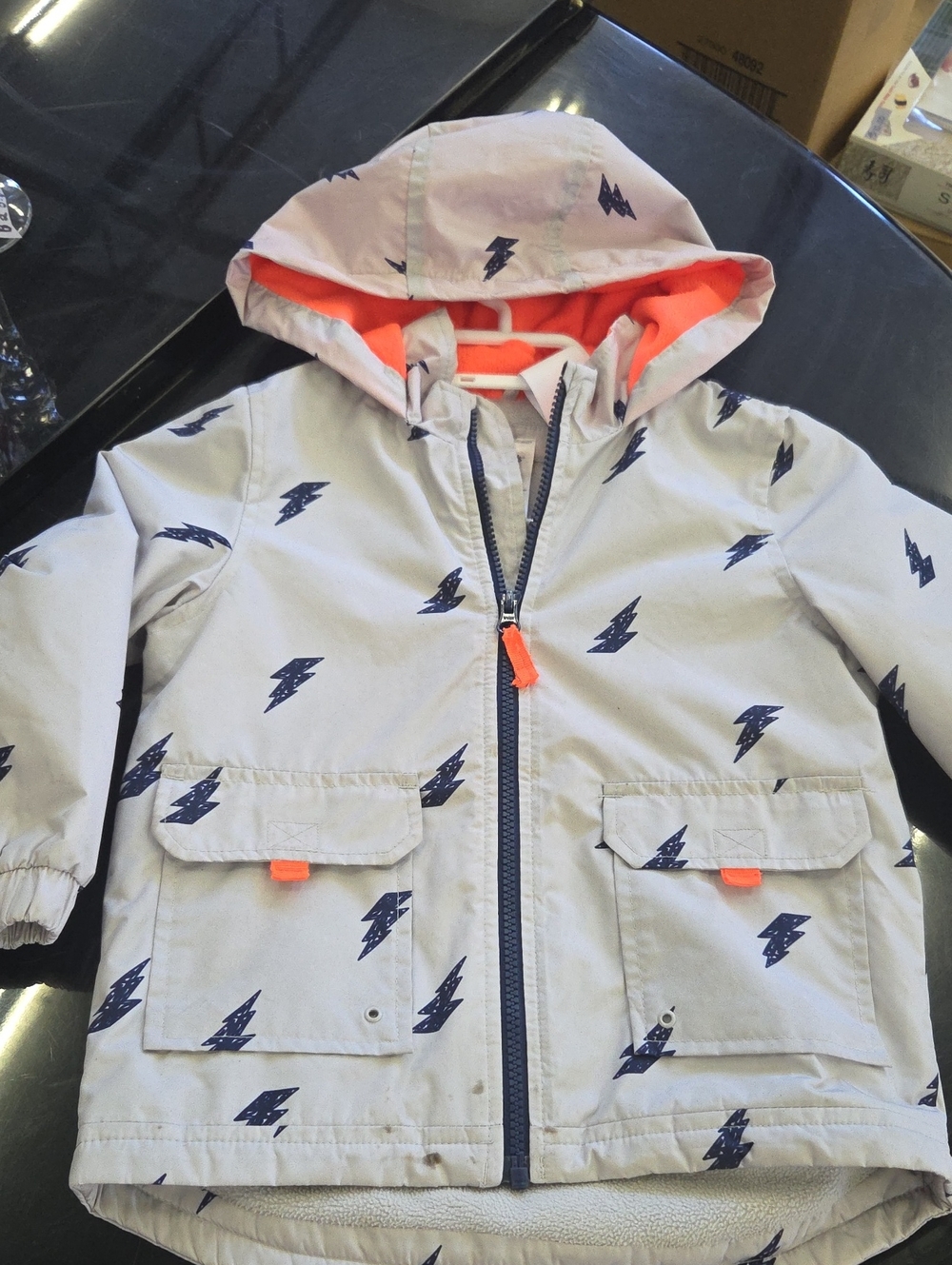 Carter's Gray Raincoat with Navy Lightning and Neon Orange Lining